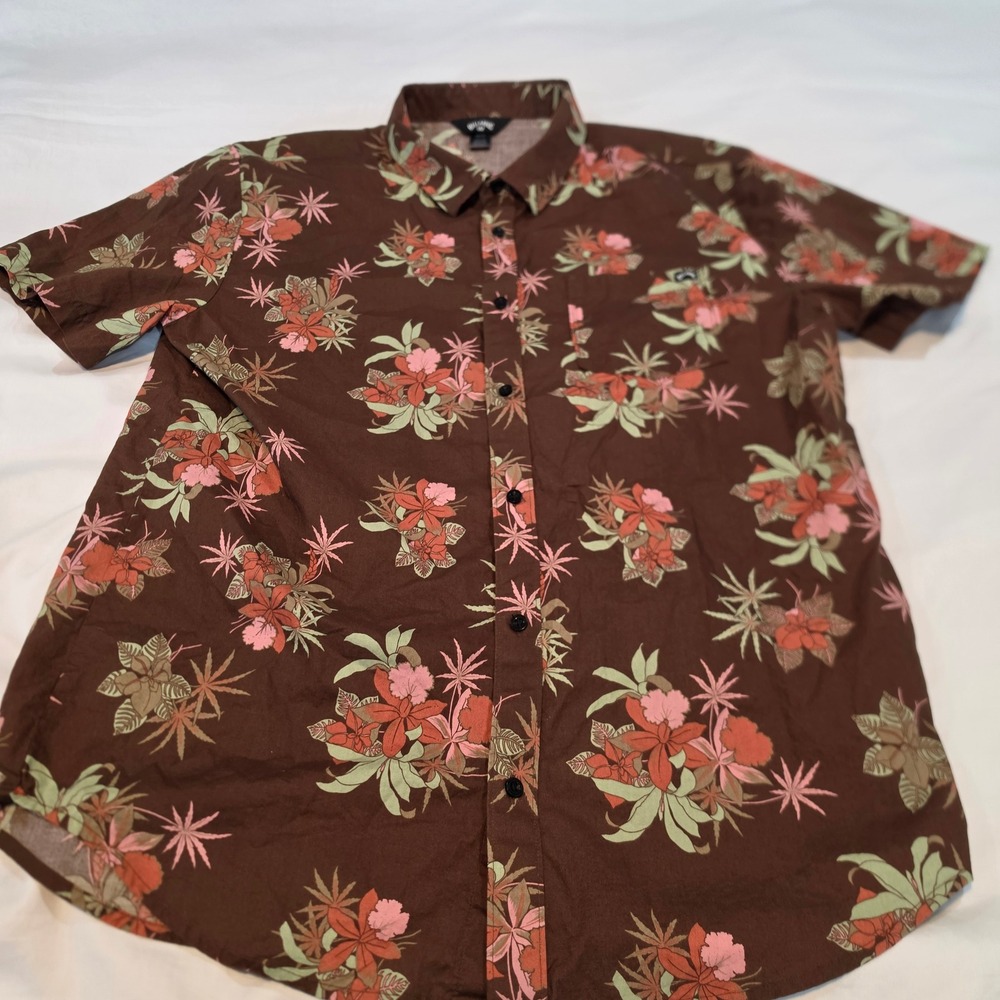 Billabong Button Down Mens XL Brown Excellent Tropical Floral Short Sleeve Shirt